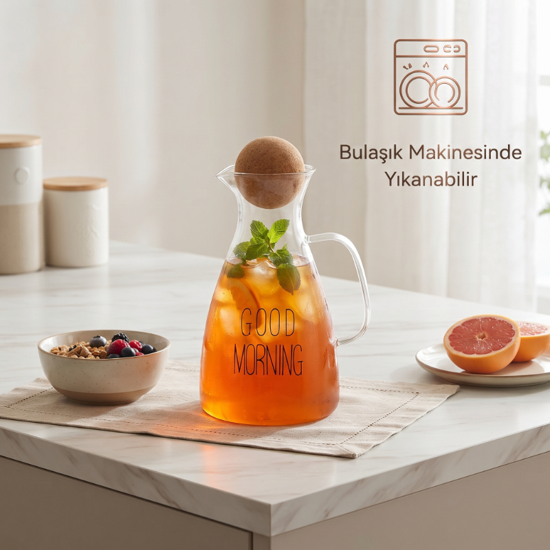 Yuvarlak Mantar Kapaklı Sürahi - 1500 ml - Yüksek Kaliteli Cam  - 5